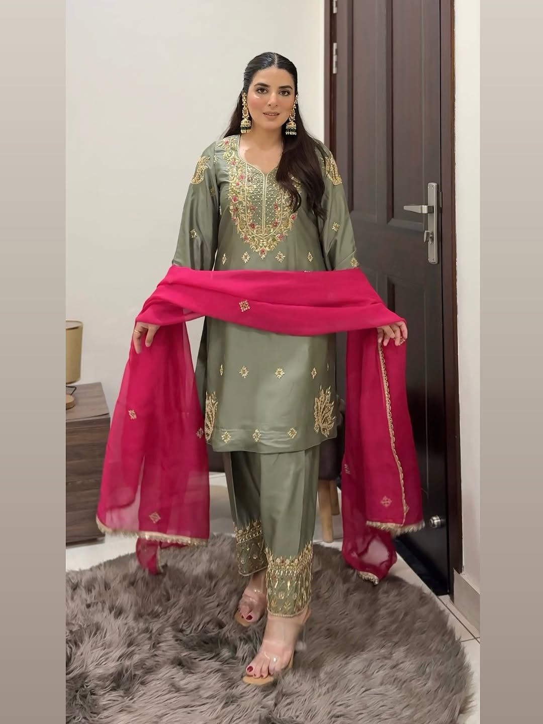 Pure Organza Suit with Hand Embroidery & Contrast Pink Dupatta