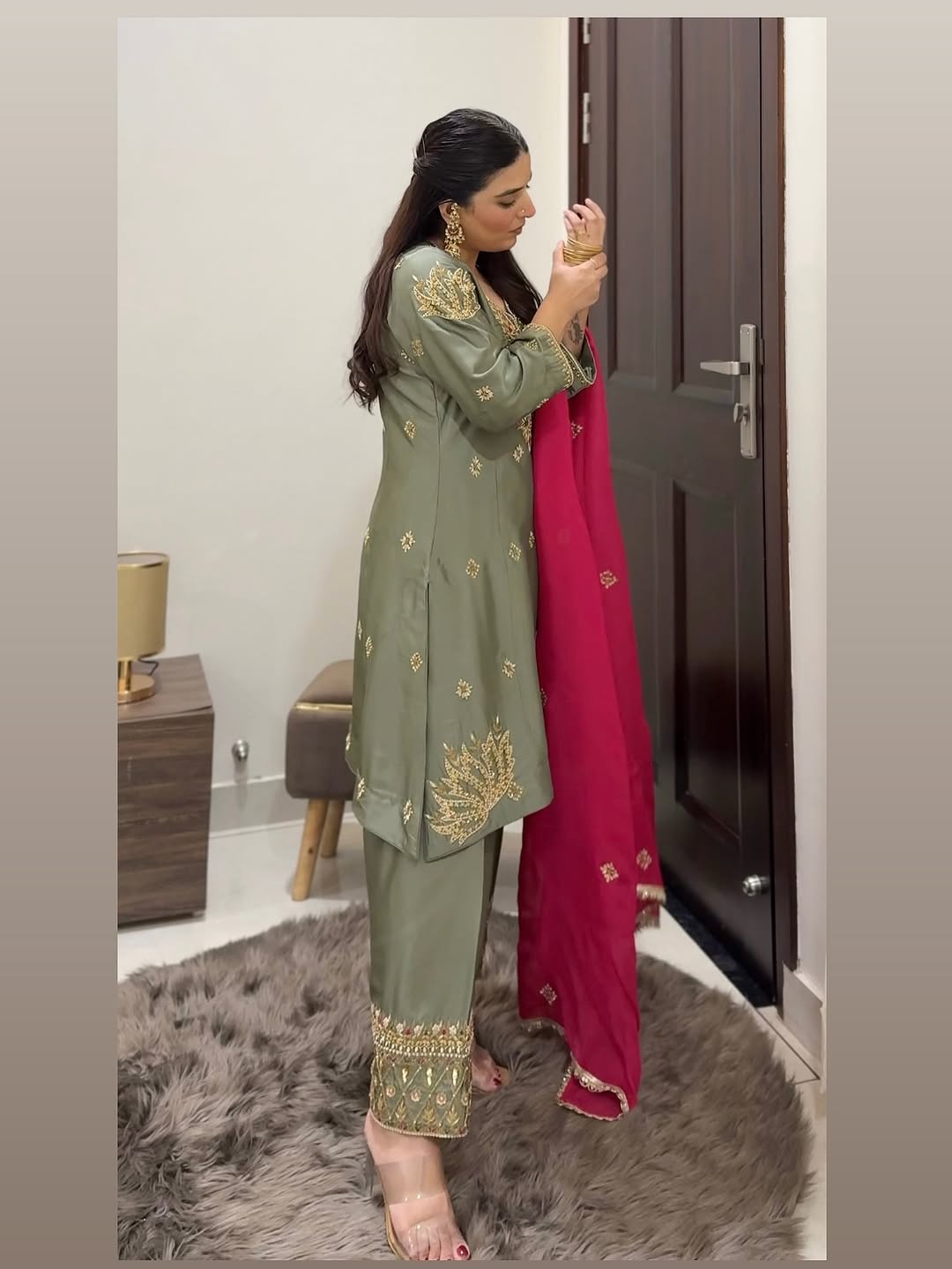 Pure Organza Suit with Hand Embroidery & Contrast Pink Dupatta