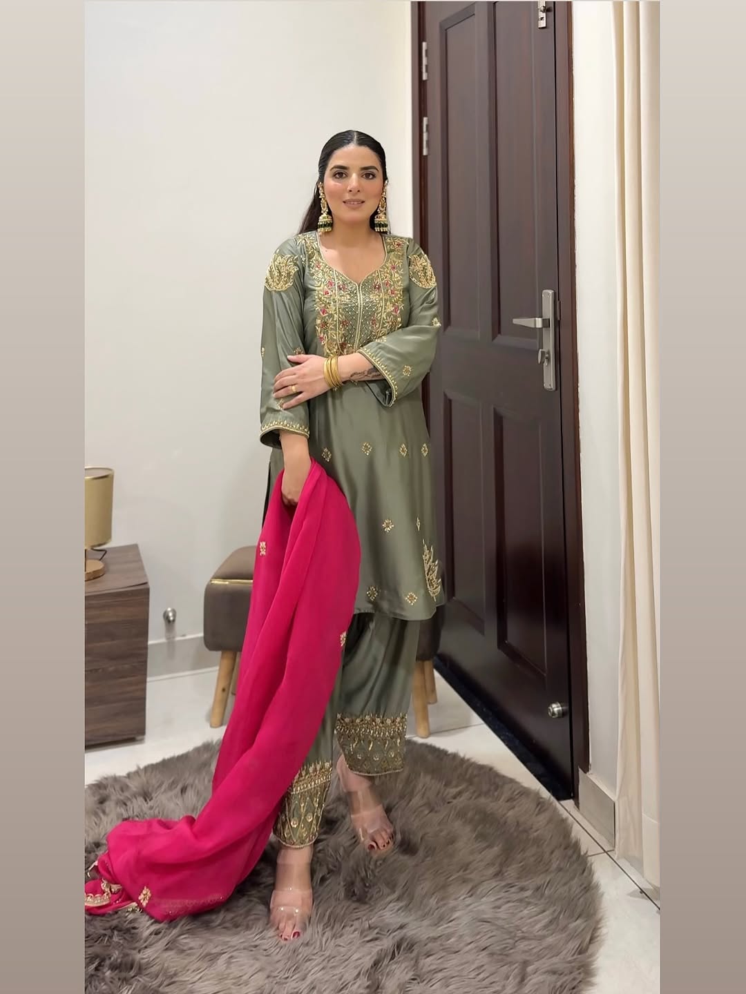 Pure Organza Suit with Hand Embroidery & Contrast Pink Dupatta