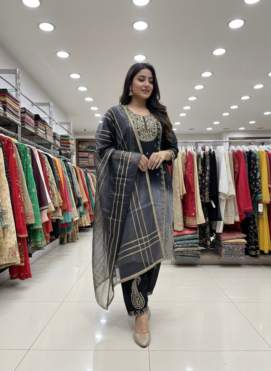 Double Shaded Black Hand Work Unstitched Suit