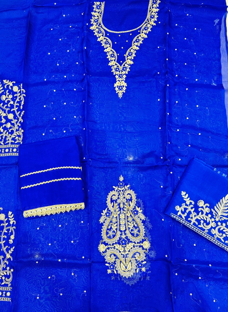 Royal Blue Viscose Organza Unstitched Suit Set