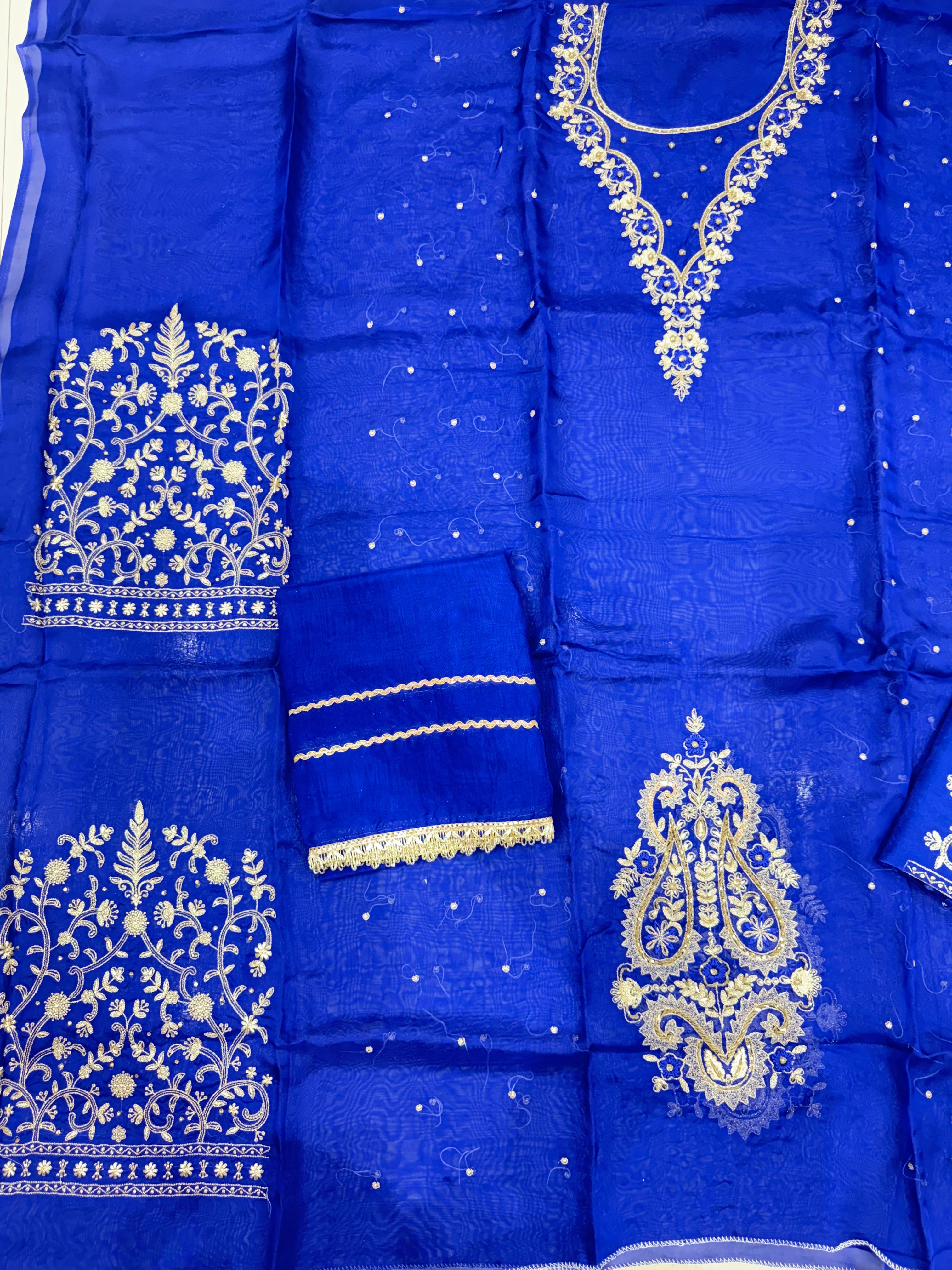 Royal Blue Viscose Organza Unstitched Suit Set