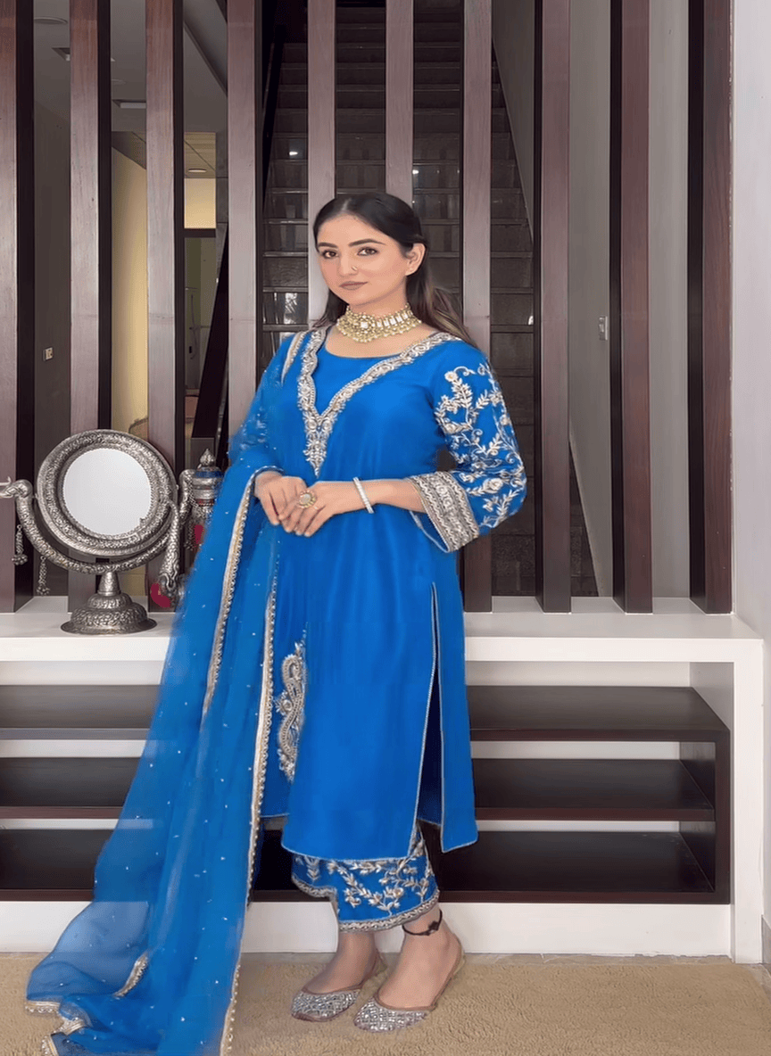 Royal Blue Viscose Organza Unstitched Suit Set