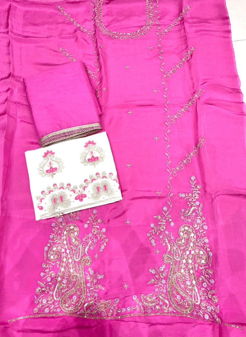 Pink White Pure Organza Hand Work Boutique Suit Set