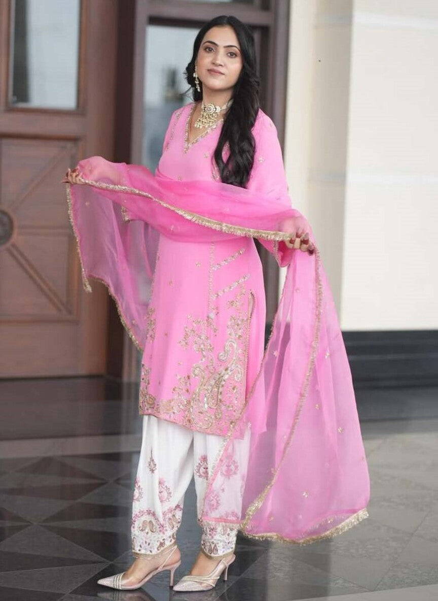 Pink White Pure Organza Hand Work Boutique Suit Set