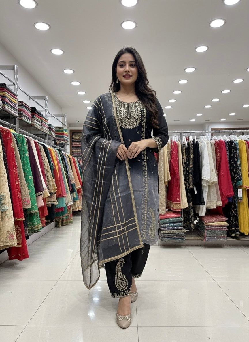 Double Shaded Black Hand Work Unstitched Suit