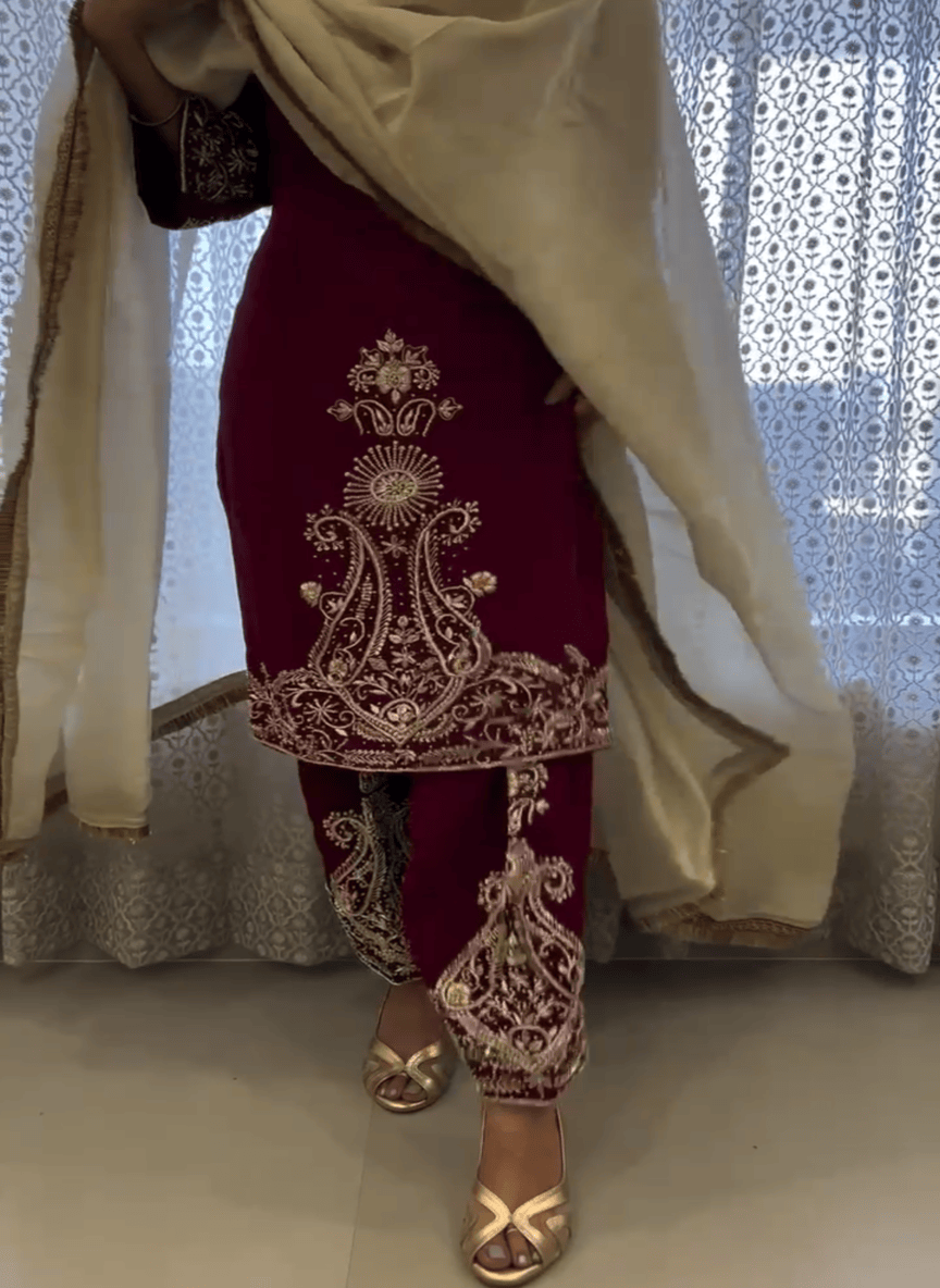 Maroon Solo Designer Hand Work Unstitched Suit