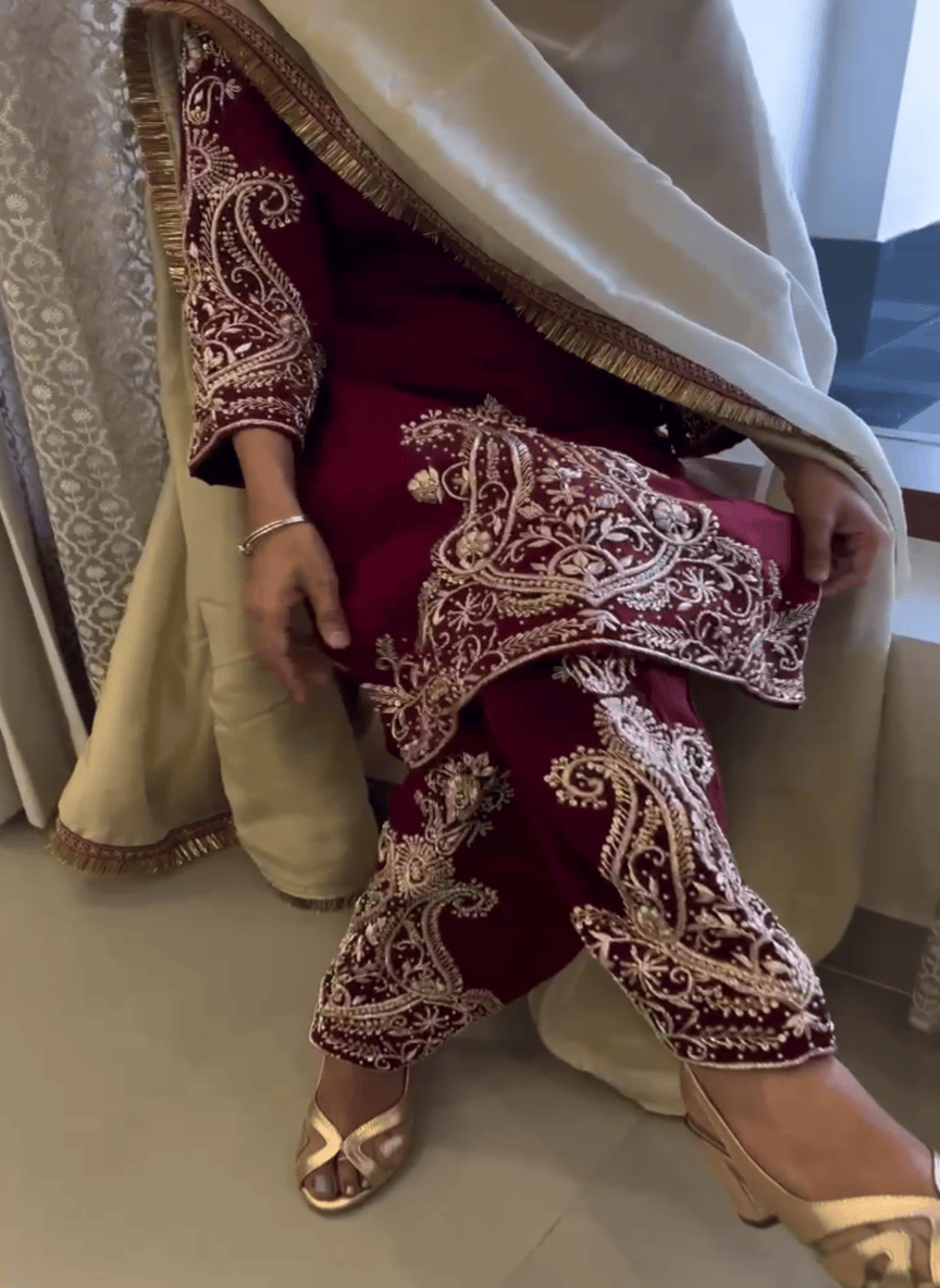 Maroon Solo Designer Hand Work Unstitched Suit