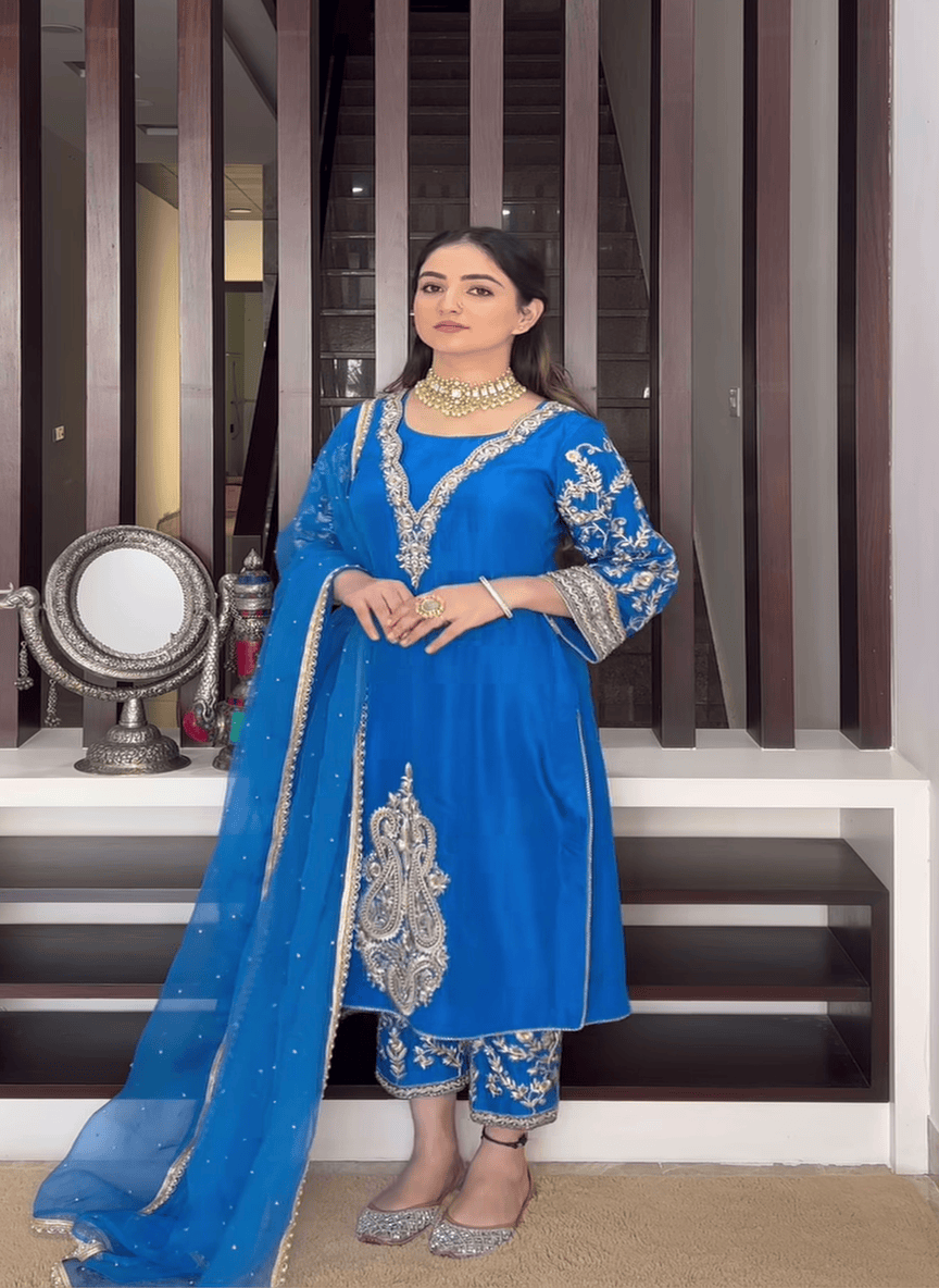 Royal Blue Viscose Organza Unstitched Suit Set