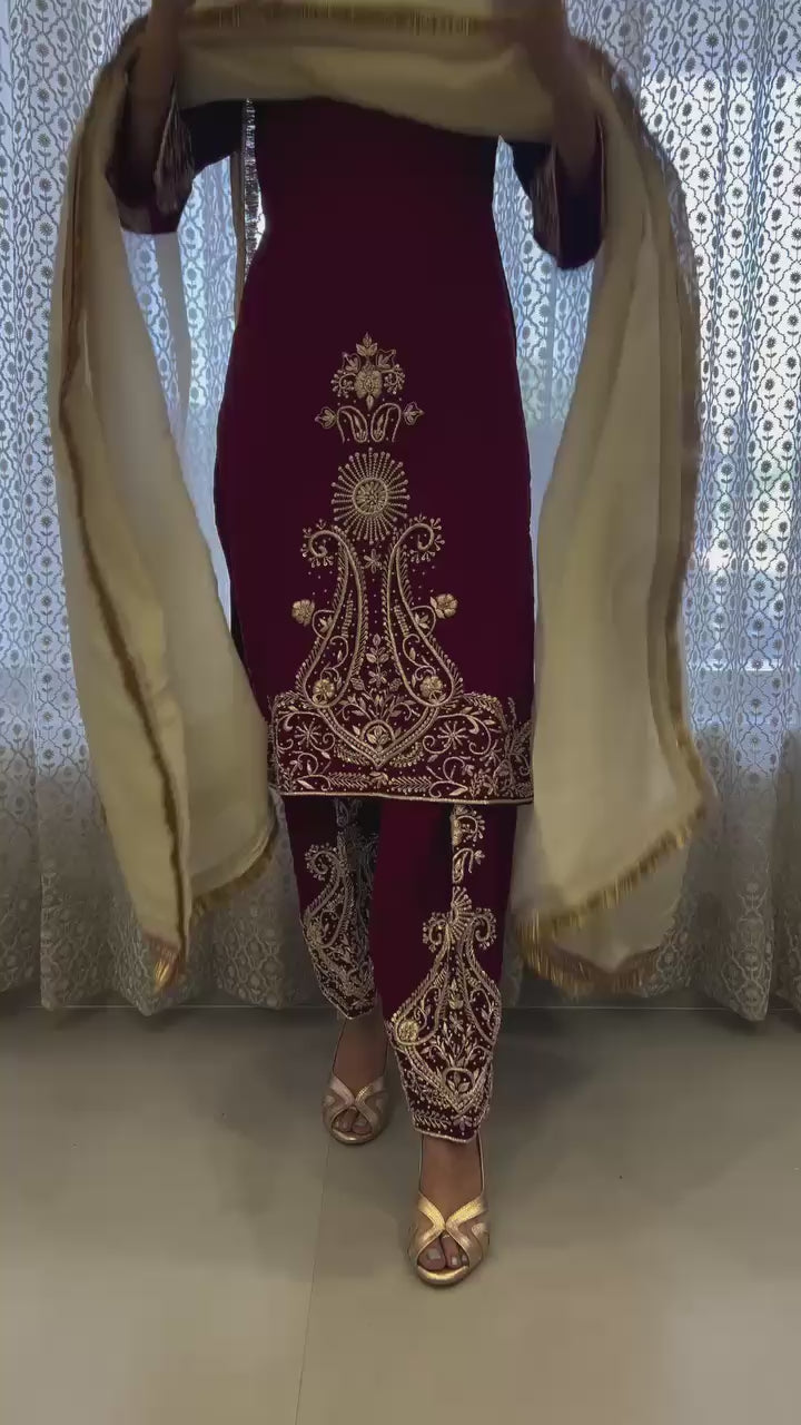 Maroon Solo Designer Hand Work Unstitched Suit